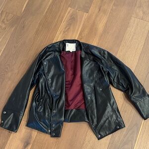 Pilcro Black Faux Leather Bomber with Burgundy Lining